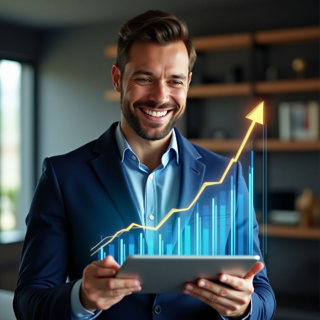 Cliente satisfecho mostrando gráficos de crecimiento